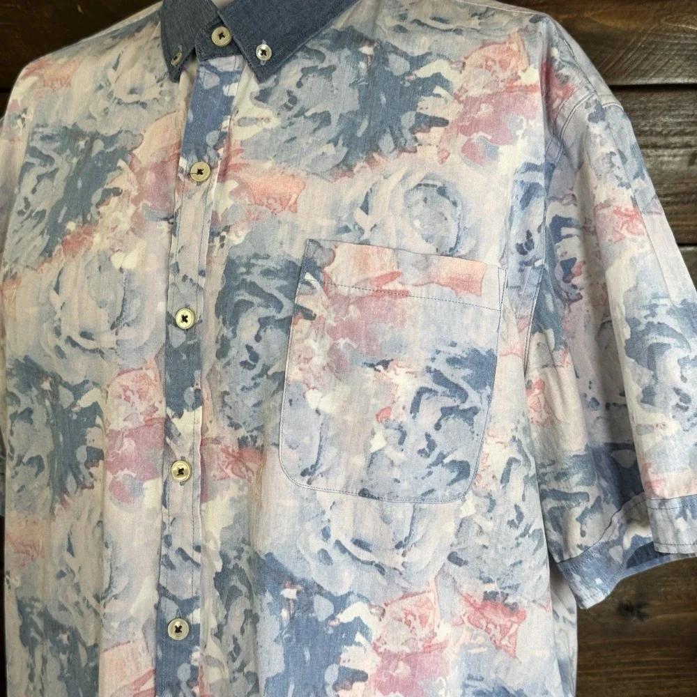 7 Diamonds Shirt  Abstract Print Polyester Cotton Blue Denim Collar Men's Size M